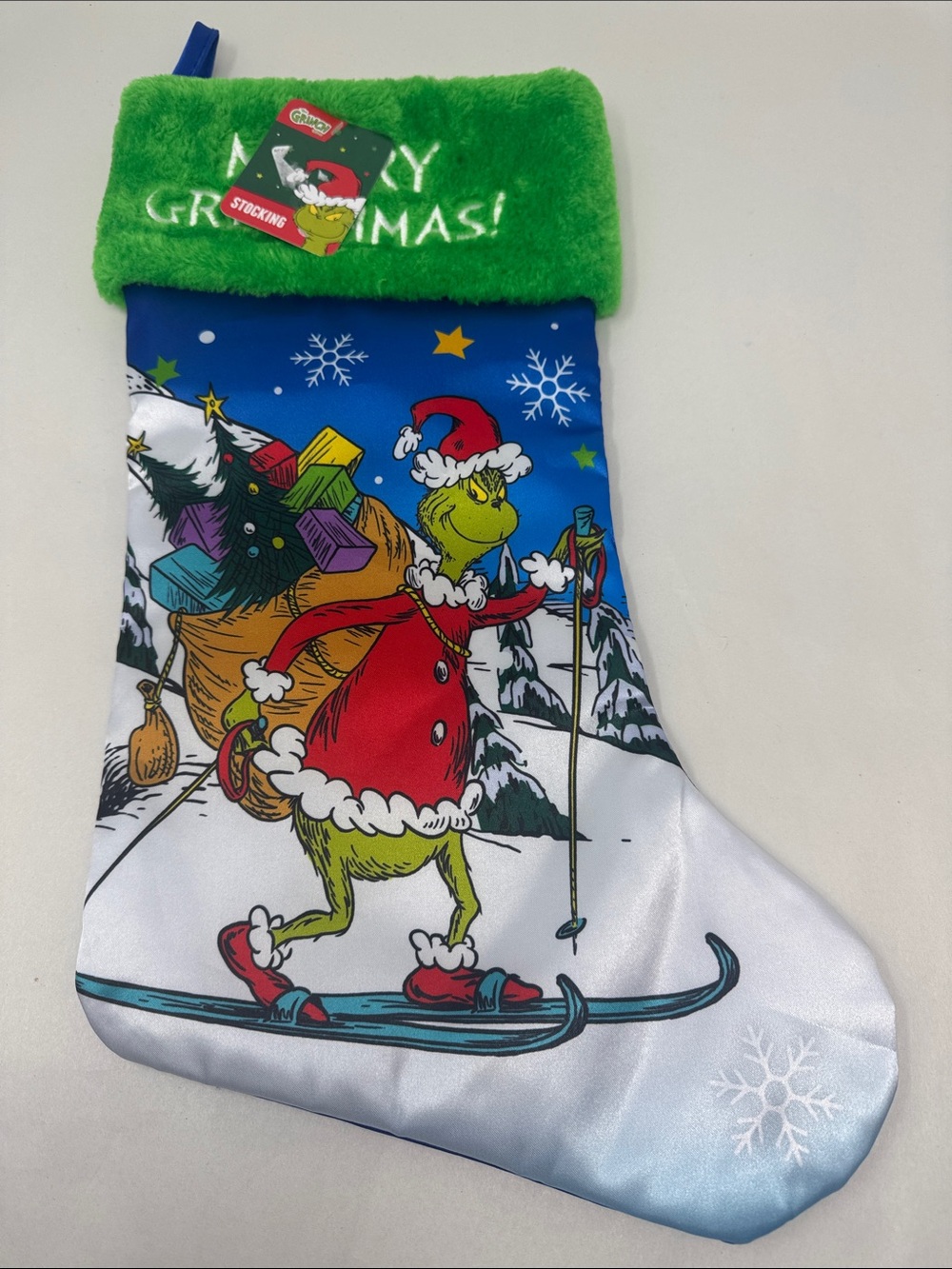 MERRY GRINCHMAS CHRISTMAS STOCKING THE GRINCH DR SEUSS EMBROIDERED SATIN